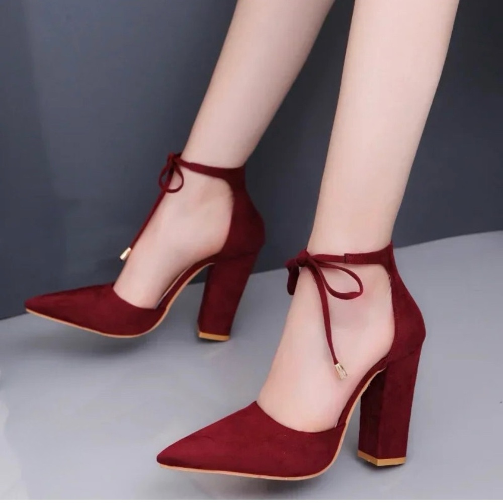 Elegant Burgundy Ankle Strap Block Suede Heels